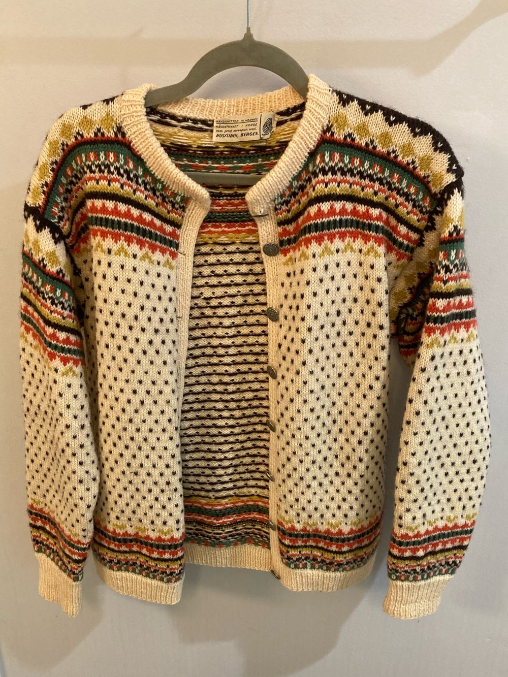 Husfliden Norway Hand-knitted 100% Wool Fair Isle Cream Cardigan Sweater Jacket